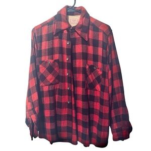 Vintage 50s 60s Red Buffalo Plaid Wool Lindale Shacket Jacket Shirt 2 Pockets M